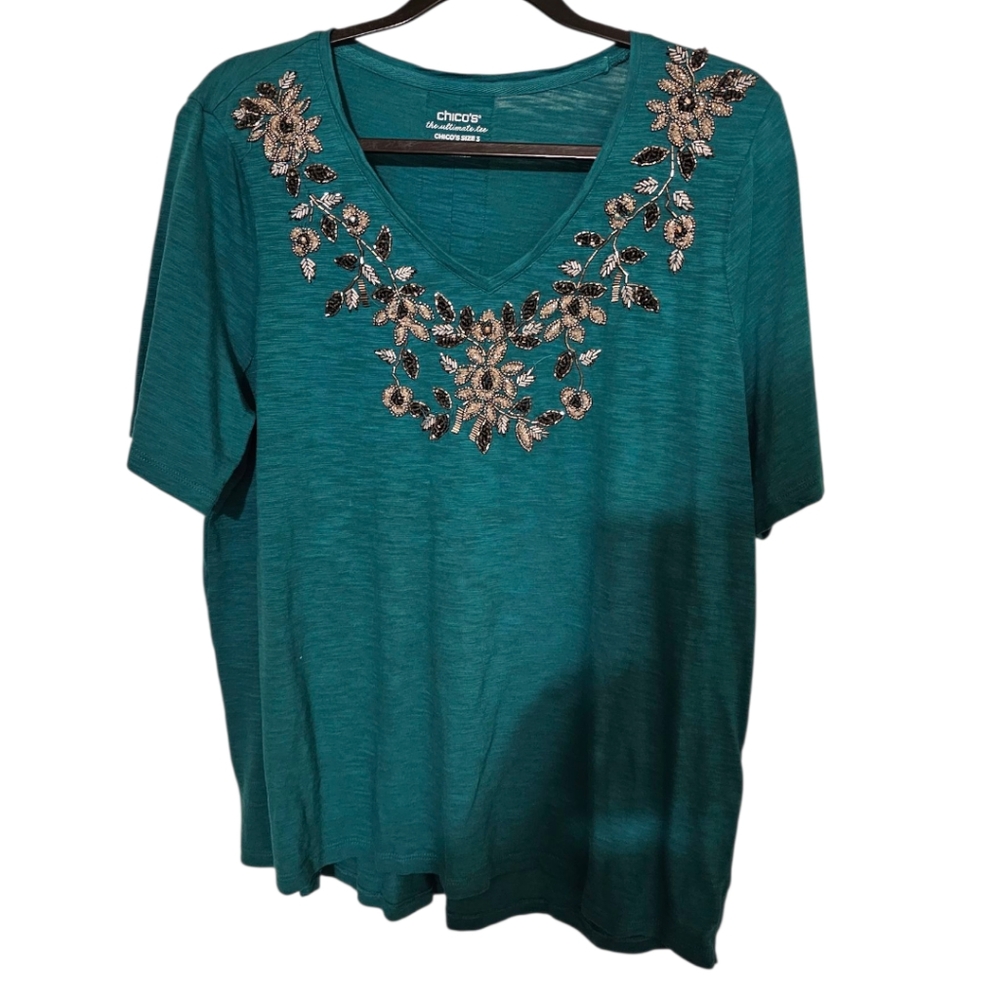 Chico's Embellished Green Ultimate Tshirt in SIZE 3